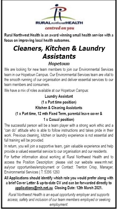 cleaners-kitchen and laundry assistants