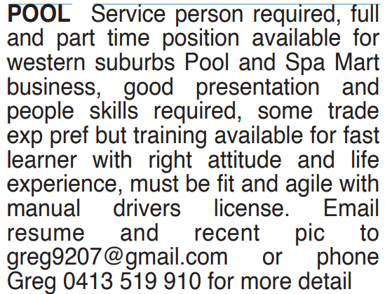 POOL Service person required